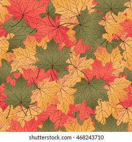 Autumn leaves, seamless pattern, vector background. Red, yellow and green maple leaves. For the design of wallpaper, wrapper, fabric design, decoration material