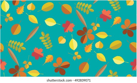 Autumn leaves seamless pattern. Vector illustration. Hello autumn. Fall leaves on the green background. 