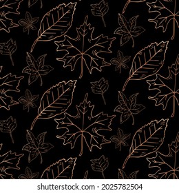 Autumn leaves seamless pattern wallpaper image. Golden line elements on black background.