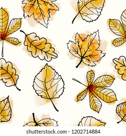 Autumn leaves seamless pattern. Yellow autumn leaves pattern. Watercolor