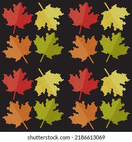 Autumn Leaves Seamless Pattern,background. Pixel Cross-stitch Embroidery Art,game, Wallpaper. Vector Illustration. Pixel Art Of Maple Leaf, Flag  Canada. Happy Thanksgiving Day Card, Envelope, Magazin