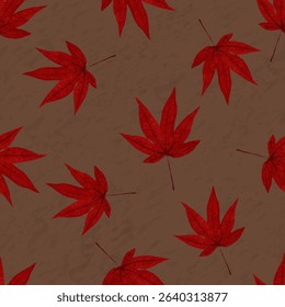 Autumn Leaves Seamless Pattern,Water colour red maple leaf with abstract texture on brown background for Fall season decoration,Vector background nature pattern for wallpaper,farbic, wrapping paper  