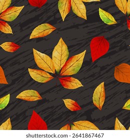 Autumn Leaves Seamless Pattern,Water colour red,Orange maple leaf with abstract texture on black background for Fall season decoration,Vector background nature pattern for wallpaper,farbic,wrapping 
