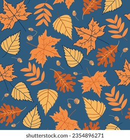 Autumn leaves seamless repeating pattern vector illustration. Dark background. Good for wrapping paper, textile prints, stationary, nursery decor, apparel, scrapbooking, etc. 