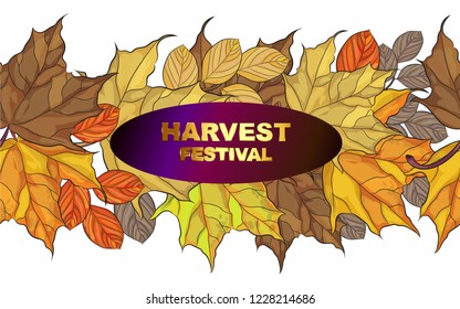 Autumn leaves seamless stripes-curbs-happy thanksgiving, harvest festival. A bright inscription on a dark background. Decorative postcard with autumn maple leaves. Suitable for printing, textiles, tab