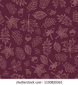 Autumn leaves seamless vector background. Light purple leaves on purple background. Acorn, oak tree, maple tree pattern. Doodle leaf print. Fall background, Thanksgiving, Seasonal print, paper, fabric