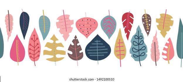 Autumn leaves seamless vector border. Scandinavian style repeating doodle pattern. Red pink gold blue leaf elements illustration. Use for fall decoration, Thanksgiving card, fabric, ribbons, banner