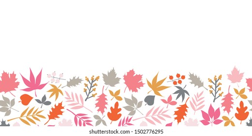 Autumn leaves seamless vector border. Scandinavian style feminine repeating doodle pattern. Red pink gold gray leaf illustration. For fall decoration, Thanksgiving card, fabric, ribbons, banner