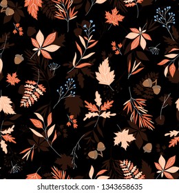Autumn leaves seamless vector pattern with black textured background illustration.