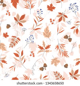 Autumn leaves seamless vector pattern with white background textured illustration.