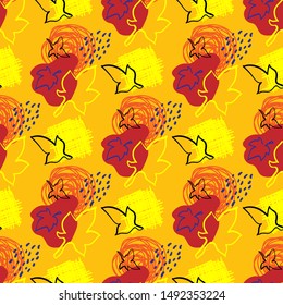 Autumn leaves seamless vector pattern. Orange, yellow, blue and black colors.