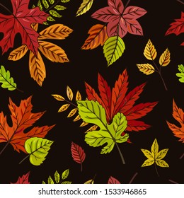 Autumn leaves seamless vector pattern. Falling colorful leaves. Autumnal background. Perfect for seasonal and Thanksgiving Day, greeting cards, textile, wrapping.