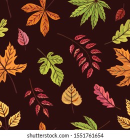 Autumn leaves seamless vector pattern. Falling colorful leaves. Autumnal background. Perfect for seasonal and Thanksgiving Day, greeting cards, textile, wrapping. Leaves on a dark background.