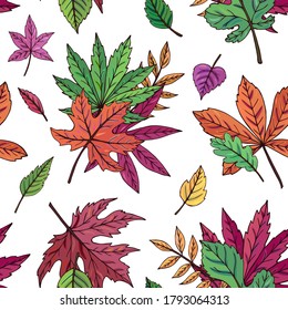 Autumn leaves seamless vector pattern. Falling colorful leaves. Autumnal background. Perfect for seasonal and Thanksgiving Day, greeting cards, textile, wrapping