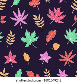 Autumn leaves seamless vector pattern. Falling colorful leaves. Autumnal background. Perfect for seasonal and Thanksgiving Day, greeting cards, textile, wrapping.