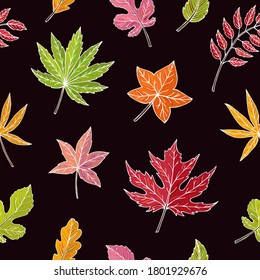 Autumn leaves seamless vector pattern. Falling colorful leaves. Autumnal background. Perfect for seasonal and Thanksgiving Day, greeting cards, textile, wrapping.