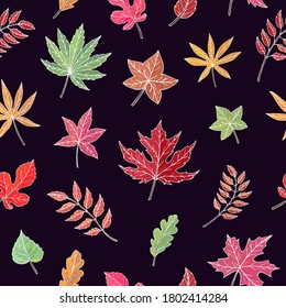 Autumn leaves seamless vector pattern. Falling colorful leaves. Autumnal background. Perfect for seasonal and Thanksgiving Day, greeting cards, textile, wrapping.