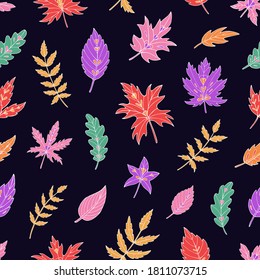 Autumn leaves seamless vector pattern. Falling colorful leaves. Autumnal background. Perfect for seasonal and Thanksgiving Day, greeting cards, textile, wrapping.