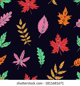 Autumn leaves seamless vector pattern. Falling colorful leaves. Autumnal background. Perfect for seasonal and Thanksgiving Day, greeting cards, textile, wrapping.