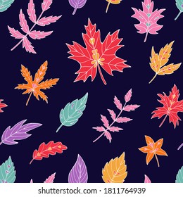 Autumn leaves seamless vector pattern. Falling colorful leaves. Autumnal background. Perfect for seasonal and Thanksgiving Day, greeting cards, textile, wrapping.