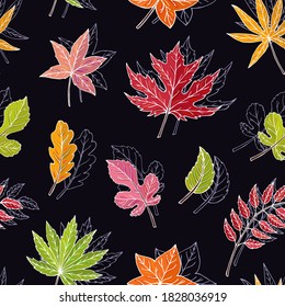 Autumn leaves seamless vector pattern. Falling colorful leaves. Autumnal background. Perfect for seasonal and Thanksgiving Day, greeting cards, textile, wrapping.