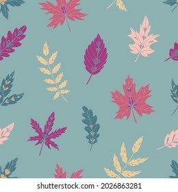 Autumn leaves seamless vector pattern. Falling colorful leaves. Autumnal background. Perfect for seasonal and Thanksgiving Day, greeting cards, textile, wrapping.