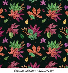 Autumn leaves seamless vector pattern. Falling colorful leaves. Autumnal background. Perfect for seasonal and Thanksgiving Day, greeting cards, textile, wrapping.  Leaves on a dark background.