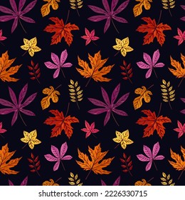 Autumn leaves seamless vector pattern. Falling colorful leaves. Autumnal background. Perfect for seasonal and Thanksgiving Day, greeting cards, textile, wrapping.  