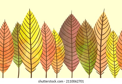 Autumn leaves seamless watercolor pattern. Vector repeating border with colorful leaf	