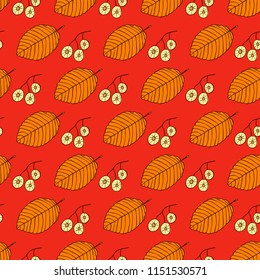 Autumn leaves and seeds on red background. Elm leaves and fruits are hand-drawn. Botanical seamless pattern.