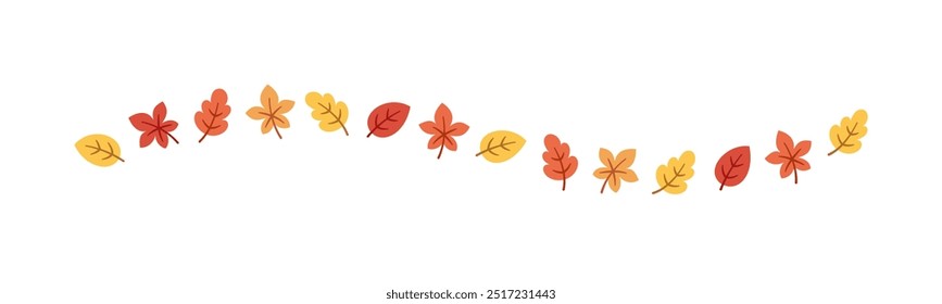 Autumn leaves separator border in orange and red colors for Fall and Thanksgiving season. Vector isolated on white background.