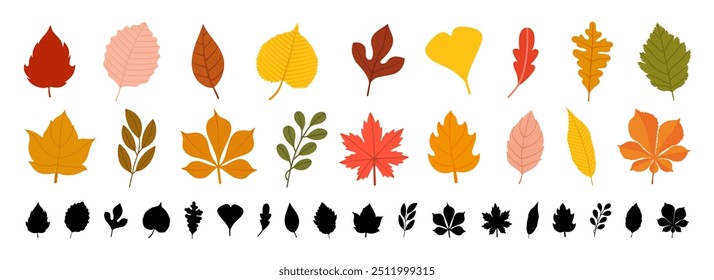 Conjunto de hojas de otoño. Hoja amarilla otoñal, hoja de naranja de la naturaleza del bosque y hojas rojas de septiembre. Castaño, rosa de perro y viburnum o hoja de follaje. Iconos aislados planos Ilustración vectorial