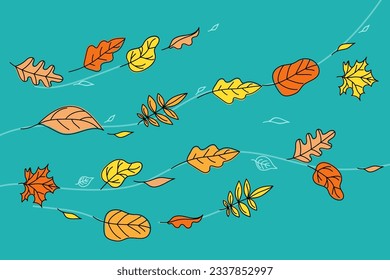 Autumn Leaves Set. Banner, background with leaves.  Autumn wind. Leaves flying. Doodle style drawings. Color vector illustration, isolated background.