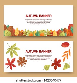 Autumn leaves set of banners vector illustration. Green, red, orange, brown and yellow falling leaves. Colorful maple, chestnut and oak foliage. October season. Natural design.