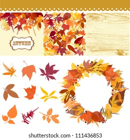 Autumn leaves set, leaves clip art, fall backgrounds, wooden pattern and a beautiful wreath