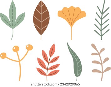 Las hojas de otoño se establecen en un color diferente. Herbario de caída estacional. Tema del follaje forestal. Ilustración vectorial aislada en fondo blanco.