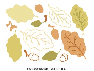 Herbstblätter Satz von Elementen in minimalistischen Stil, linear und flach Designs. Hallo Herbstaufkleber Kollektion. Eichenblätter und Eicheln im einfachen Stil.