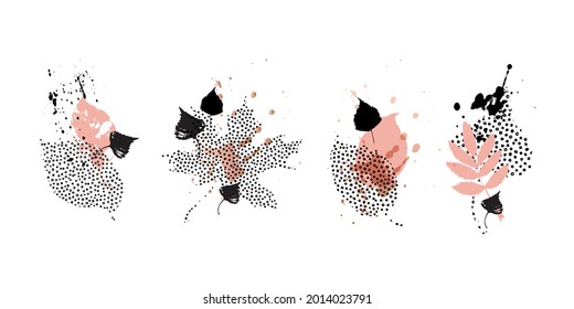 Autumn leaves set. Hand drawn forest leaf silhouettes with doodle, grunge, scribble textures, brush strokes. Natural contemporary art background for fall design, wall art, vector cover illustration