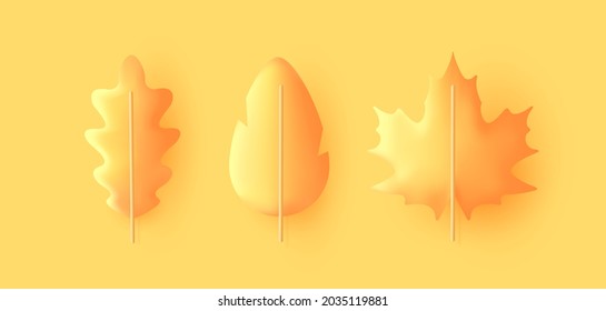 Hojas de otoño fijadas, aisladas en un fondo amarillo, estilo gráfico de representación 3d, hojas de roble y arce