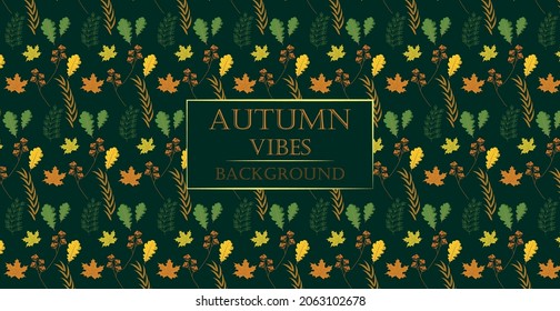 Autumn leaves set isolated on green panoramic background pattern - Vector illustration