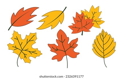 Autumn leaves set, isolated on white background. Simple cartoon flat style. Isolated vector illustration. Design for stickers, logo, web and mobile app.