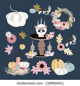 Autumn leaves set on the blue background. Vector illustration