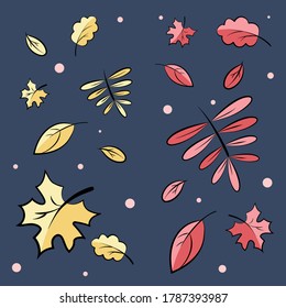 Autumn leaves, set on a dark blue background. Illustration in the style of hand drawing - Doodle. Vector, isolated.