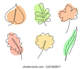 Autumn Leaves Set In One Line Art Style With Colorful Abstract Shapes. Maple, Rowan, Oak, Willow, Aspen And Linden Tree Autumn Fallen Leaves Design. Isolated On White Background. Vector Illustration.