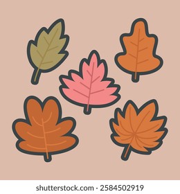 autumn leaves set with outline flat vector design.