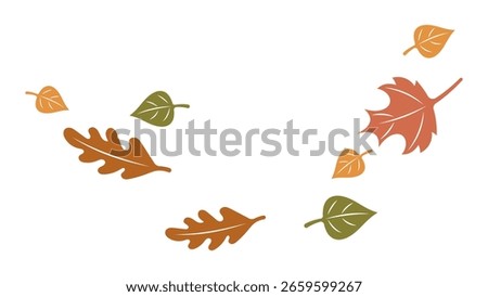 Autumn Leaves Set. Leaves in the wind. Flat Vector Illustration of Falling Maple, Oak and Linden Leaves in Orange, Green Brown, Seasonal Decorative Elements for Autumn Design, Cards, Banners, Posters