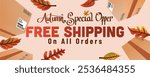 autumn leaves and shipping package. autumn special offer free shipping on all order web banner template vector illustration.