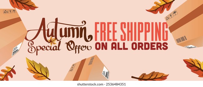 autumn leaves and shipping package. autumn special offer free shipping on all order web banner template vector illustration.