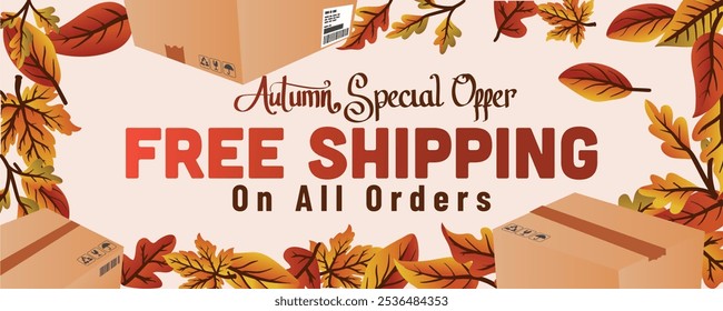 autumn leaves and shipping package. autumn special offer free shipping on all order web banner template vector illustration.