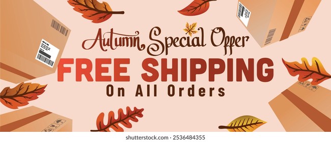 autumn leaves and shipping package. autumn special offer free shipping on all order web banner template vector illustration.